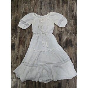 Vintage Roberta 70s Prairie Cottage Core Boho Gauze Lace Maxi Dress Sz S Wedding